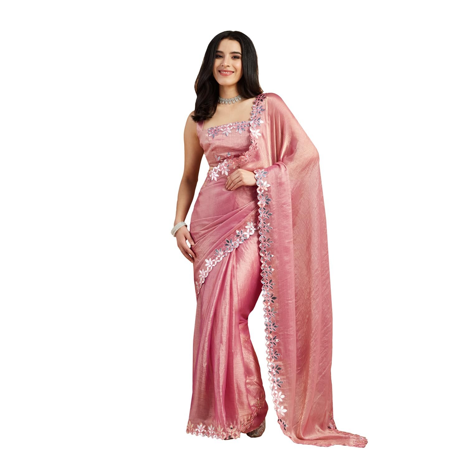  Gota Pati Lace Work Pink Glass Tissue Saree