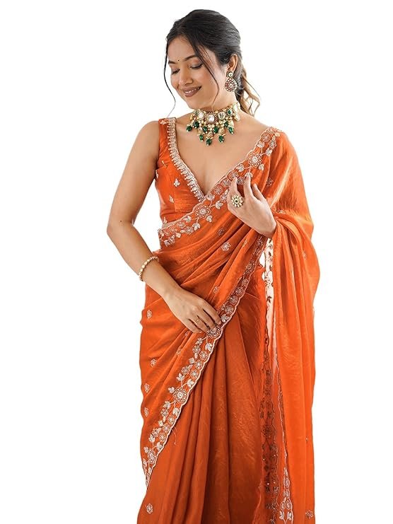 Tissue Silk Scalloped Border Sequins Embroidery Saree