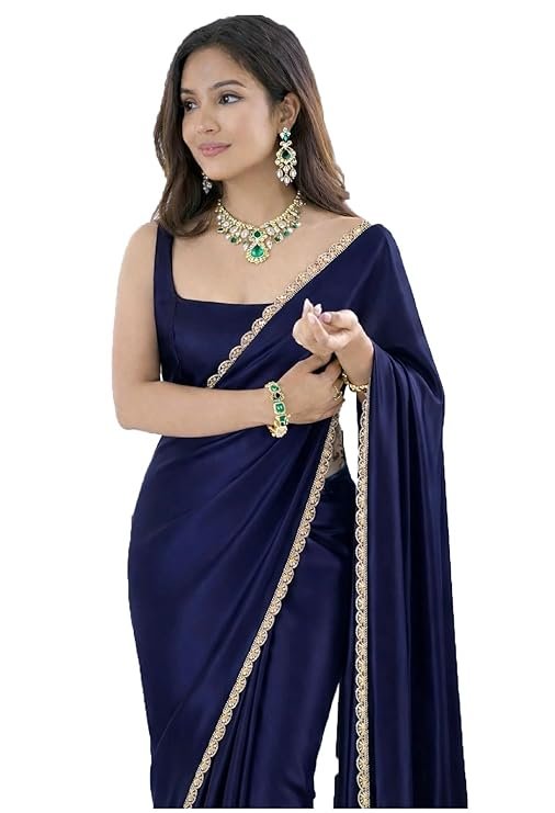 Ready To Wear Saree For Women Pre Pleated Satin Silk Readymade With Unstitched Blouse (Navy Blue)