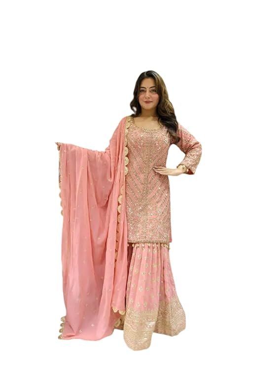 Women's Faux Georgette Embroidered Kurti with Sharara & Dupatta Set